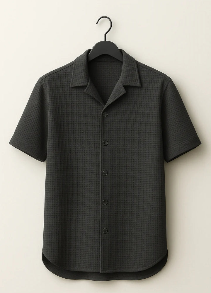Waffle Knitted Charcoal Cuban Shirt – Premium Comfort with Vintage Style