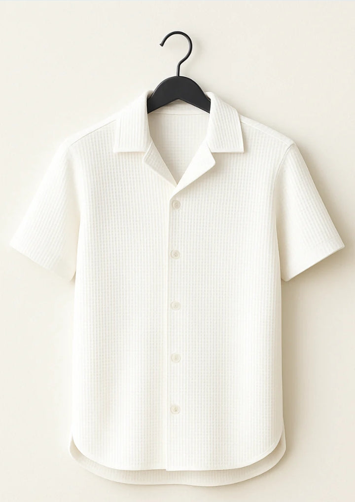 Waffle Knitted White Cuban Shirt – Premium Comfort with Vintage Style