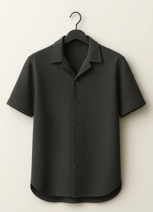 Waffle Knitted Charcoal Cuban Shirt – Premium Comfort with Vintage Style