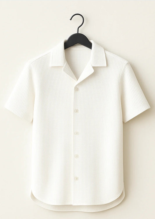 Waffle Knitted White Cuban Shirt – Premium Comfort with Vintage Style