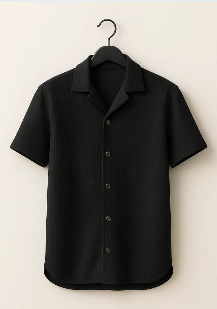 Waffle Knitted Black Cuban Shirt – Premium Comfort with Vintage Style