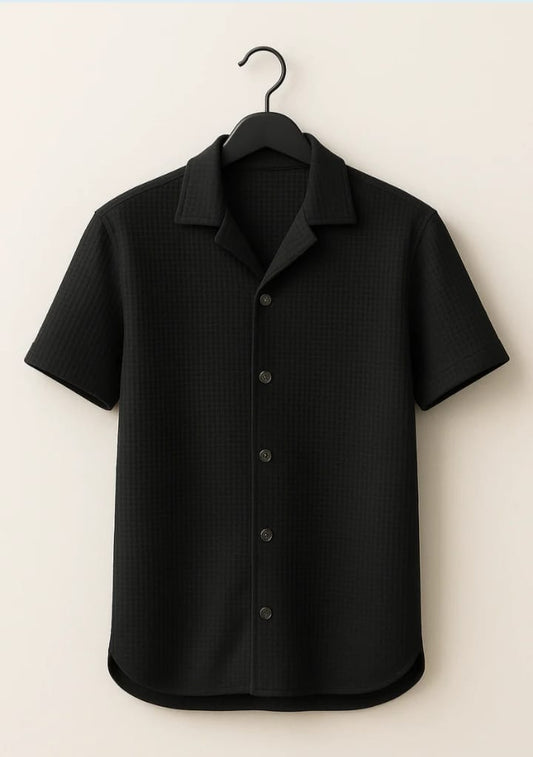 Waffle Knitted Black Cuban Shirt – Premium Comfort with Vintage Style