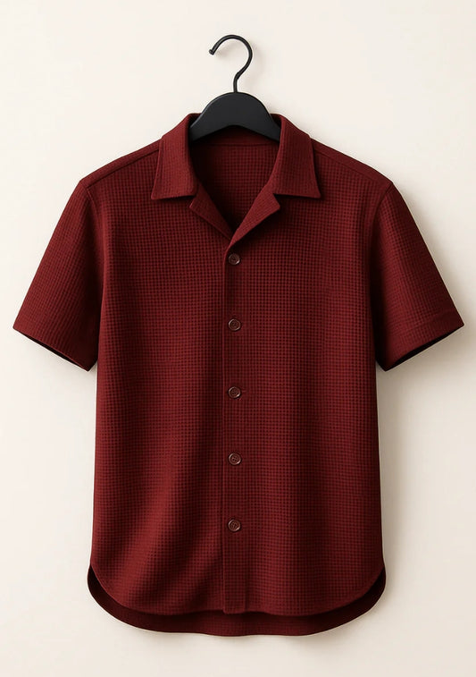 Waffle Knitted Red Cuban Shirt – Premium Comfort with Vintage Style