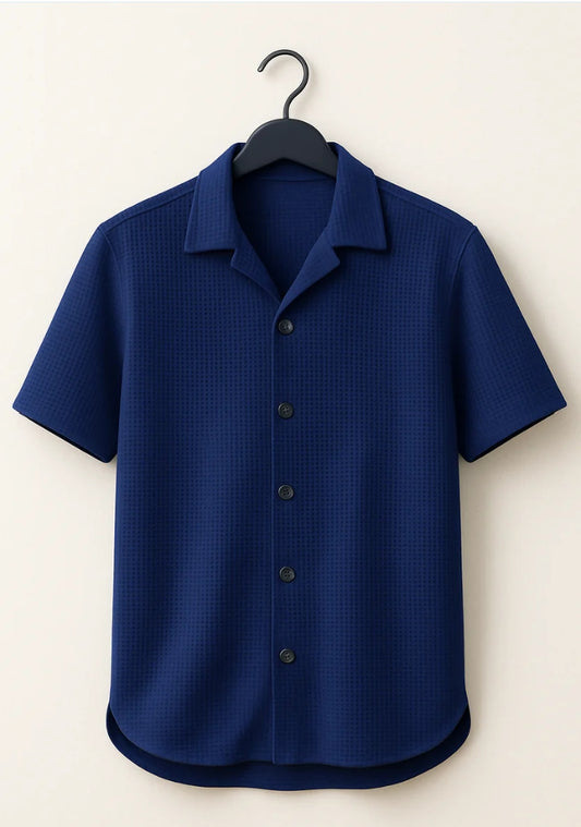Waffle Knitted Blue Cuban Shirt – Premium Comfort with Vintage Style