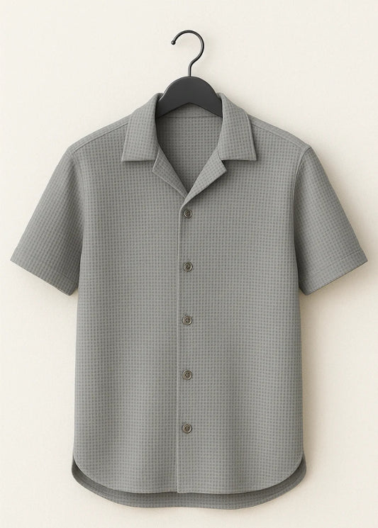 Waffle Knitted Grey Cuban Shirt – Premium Comfort with Vintage Style